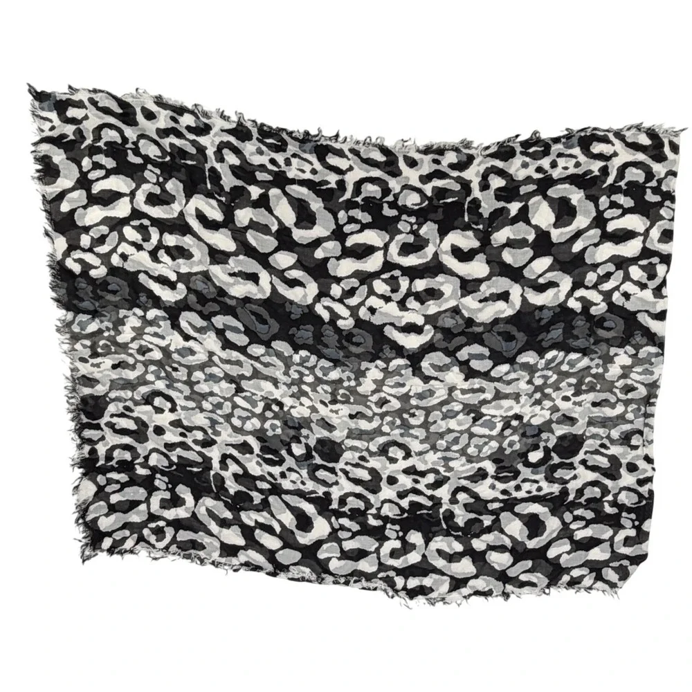 Celes Black White Leopard Print Scarf Modal Cashmere Blend Frayed Edge NWT